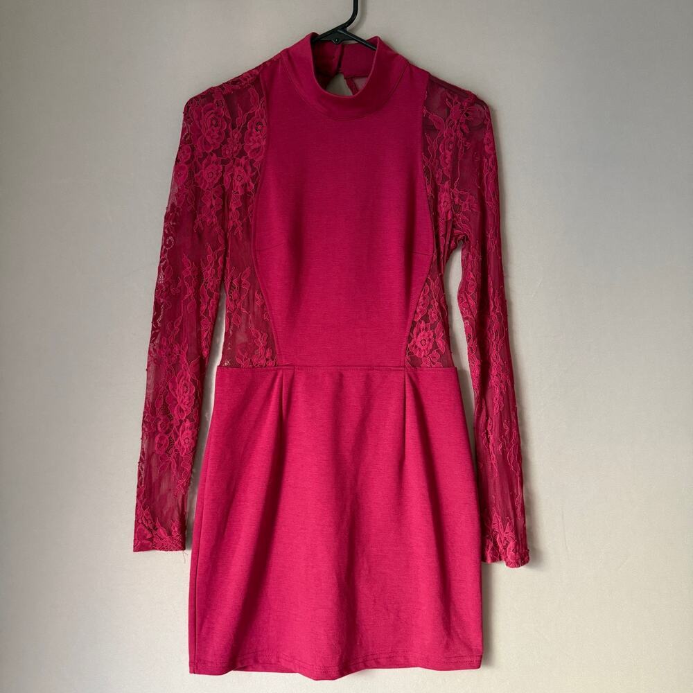 TOBI sz M red Crimson lace‎ cut out long sleeve mini dress